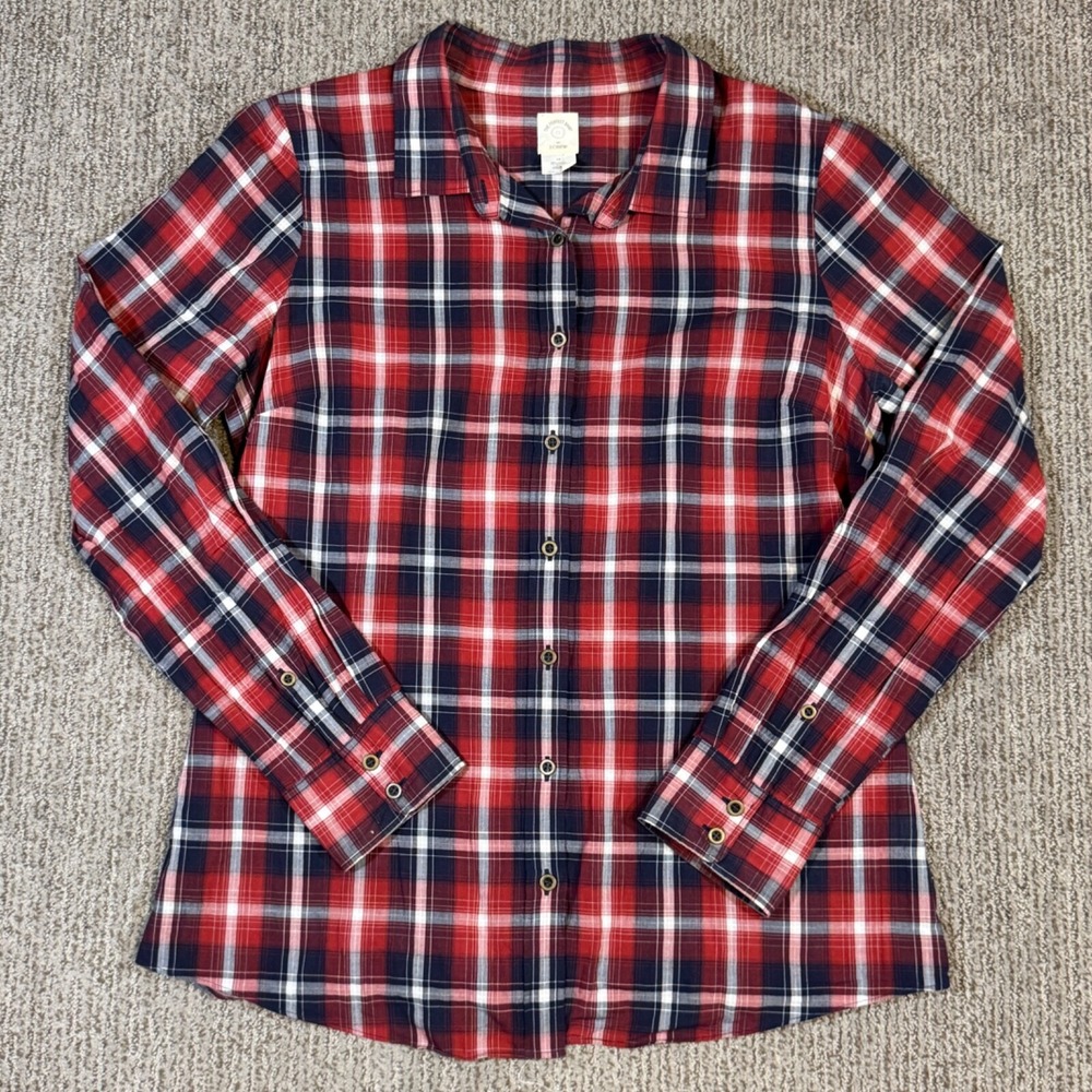 J Crew Womens 12 Button Up Shirt Long Sleeve Lightweight Red Blue Plaid Stretch